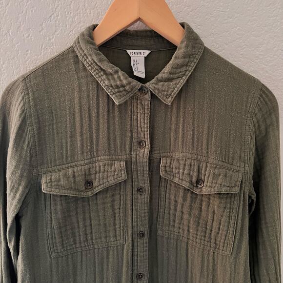 Forever 21 Tunic Shirt Small Green Muslin Utility Pockets Button Down - Picture 4 of 7